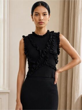 Zara Ruffle Sleeveless Knit Top Black Size S NWT